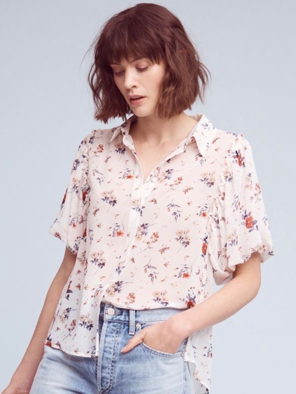 Anthropologie Maeve Dellaroe Floral Puff Sleeve Button Down Blouse NWOT SZ S